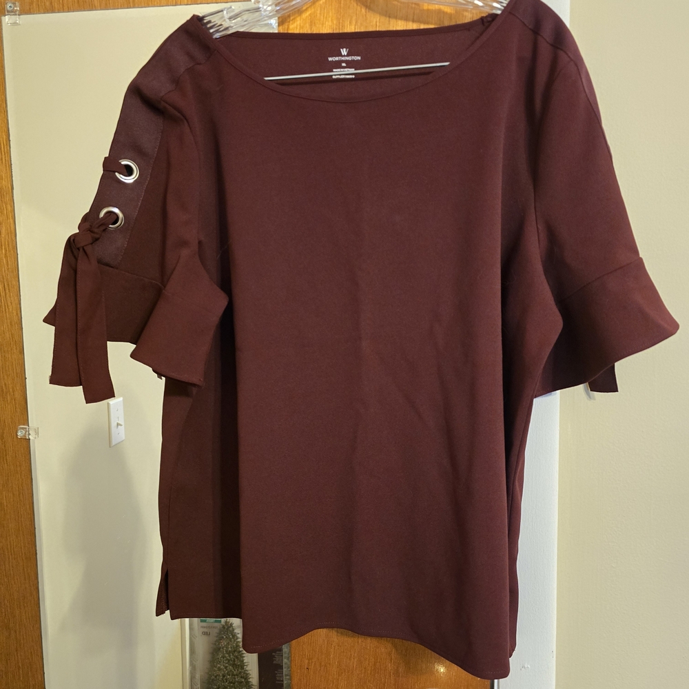 Worthington Maroon Blouse with Bow Sleeve